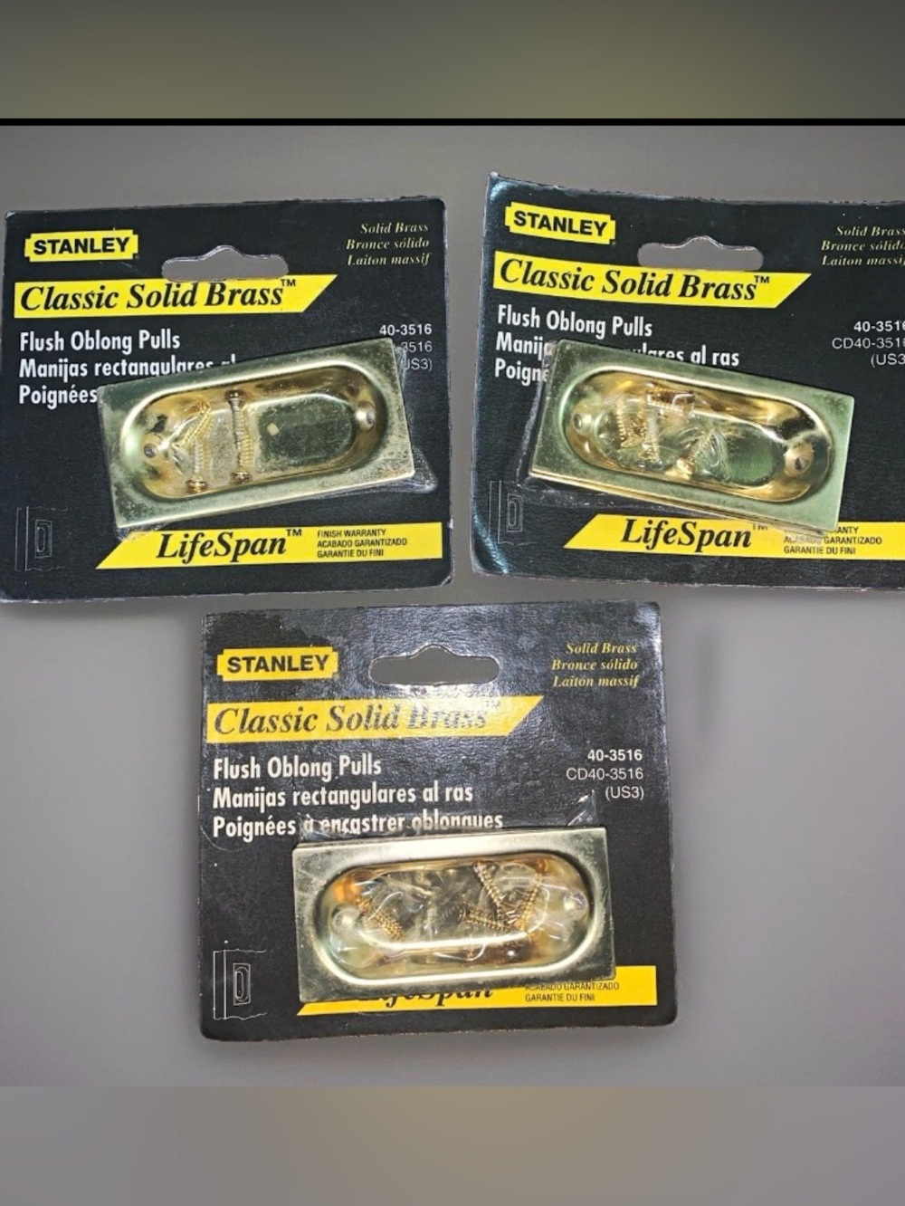 Stanley Classic Flush Oblong Pulls, Polished Brass sets, lot of 3, 40-3516